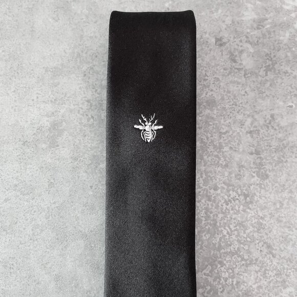 DIOR Tie With Bee Motif, Black Silk, 1.5", Handmade in Italy - Picture 1 of 9